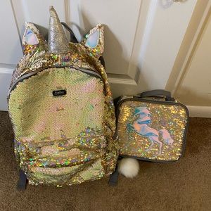 Justice Sequin Unicorn book bag and lunch bag